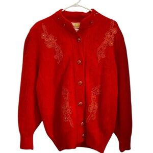 Vintage Belldini Red Angora Rabbit Floral Beaded Sweater rhinestone Cardigan